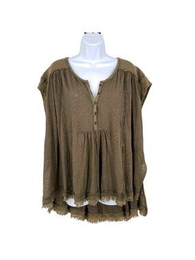 Free People Aster High-Low Henley Tunic Top Size XS Olive Green Linen Blend